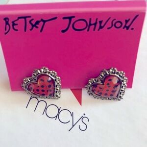 Betsy Johnson Earrings post Hearts Hot Pink with dots